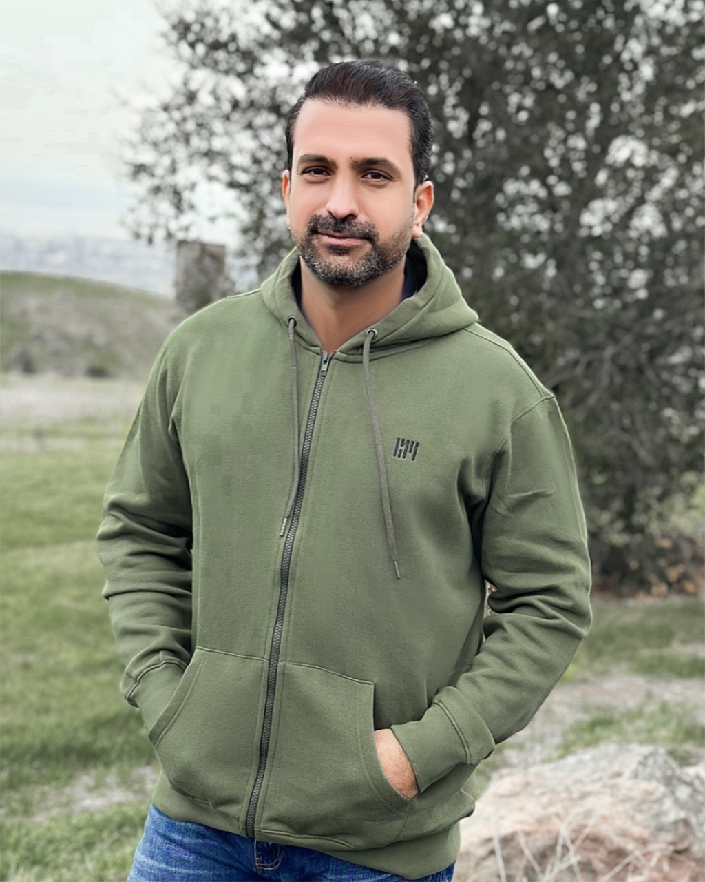 Military Green Men Zipup Hoodie With Embroidered Logo - HamyMady